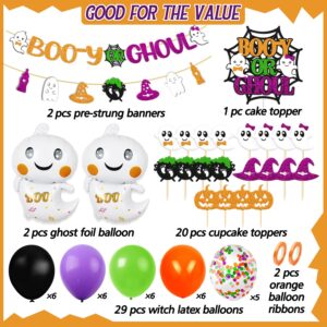 Halloween Gender Reveal Decorations Boo-y or Ghoul Banner Cake Cupcake Topper Ghost Balloon Pumpkin Witch Hat Theme for Kids Boy Girl Halloween Baby Shower Party Supplies