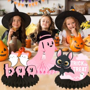 Halloween Party Honeycomb Centerpieces 12Pcs Happy Halloween Party Decorations for Girls Pink and Black Halloween Theme Centerpieces for Ghost Pumpkin Bat Witch Theme Party Baby Shower Supplies