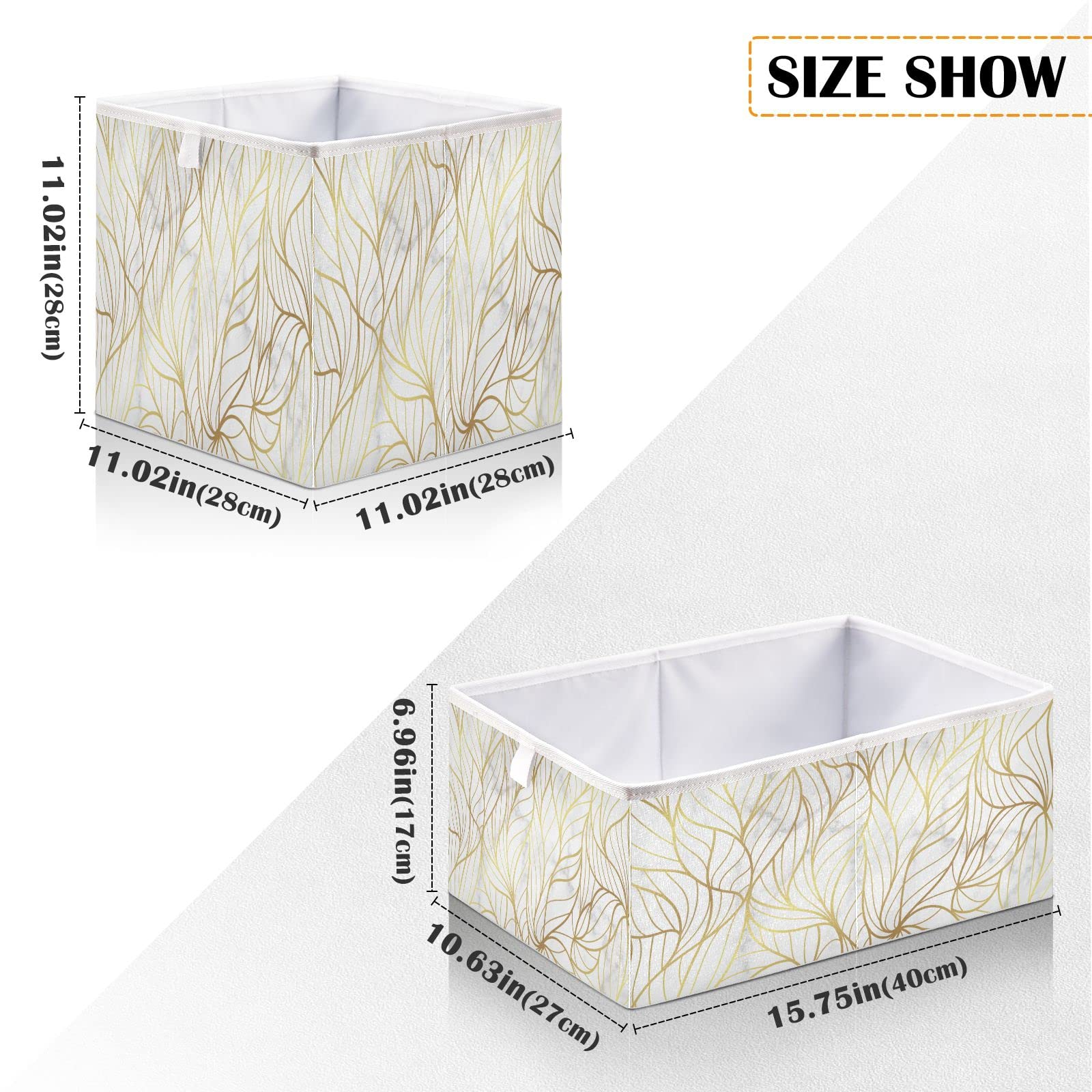 ALAZA Collapsible Storage Cubes Organizer,Gold Marble Design Withe Nature Leaf Line Storage Containers Closet Shelf Organizer with Handles for Home Office