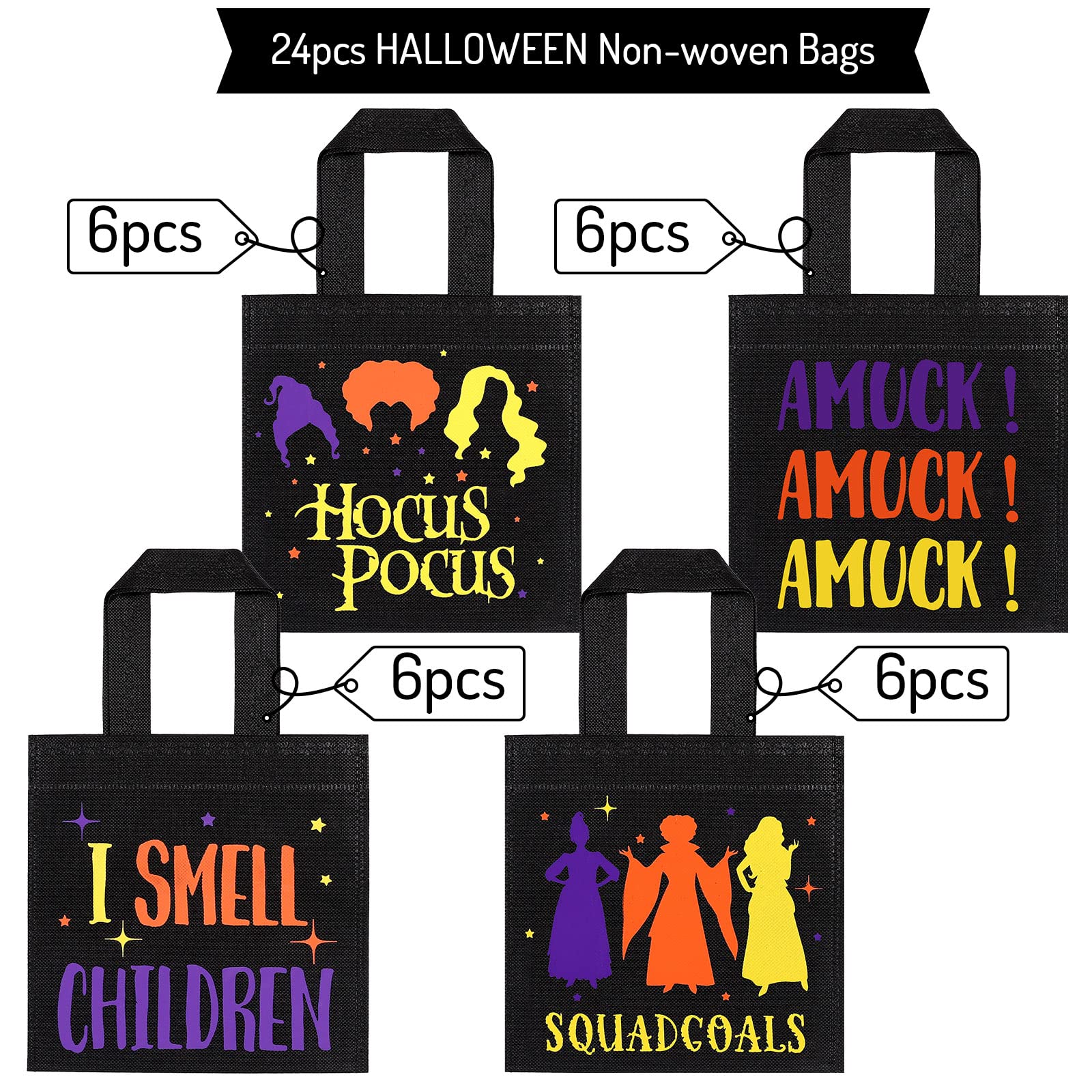 Whaline 24 Pack Halloween Non-Woven Bags Reusable Hocus Pocus Witch Theme Tote Gift Bag Trick or Treat Party Favor Bag Candy Goodie Bag with Handle for Kids Teens Birthday Supplies, 4 Design