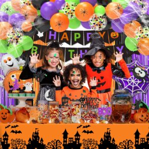 Halloween Birthday Party Decorations Supplies Include Halloween Birthday Banner Fringe Curtain Tablecloth Spider Web Cake Topper Tattoo Stikers for Halloween Themed Birthday Party Decorations