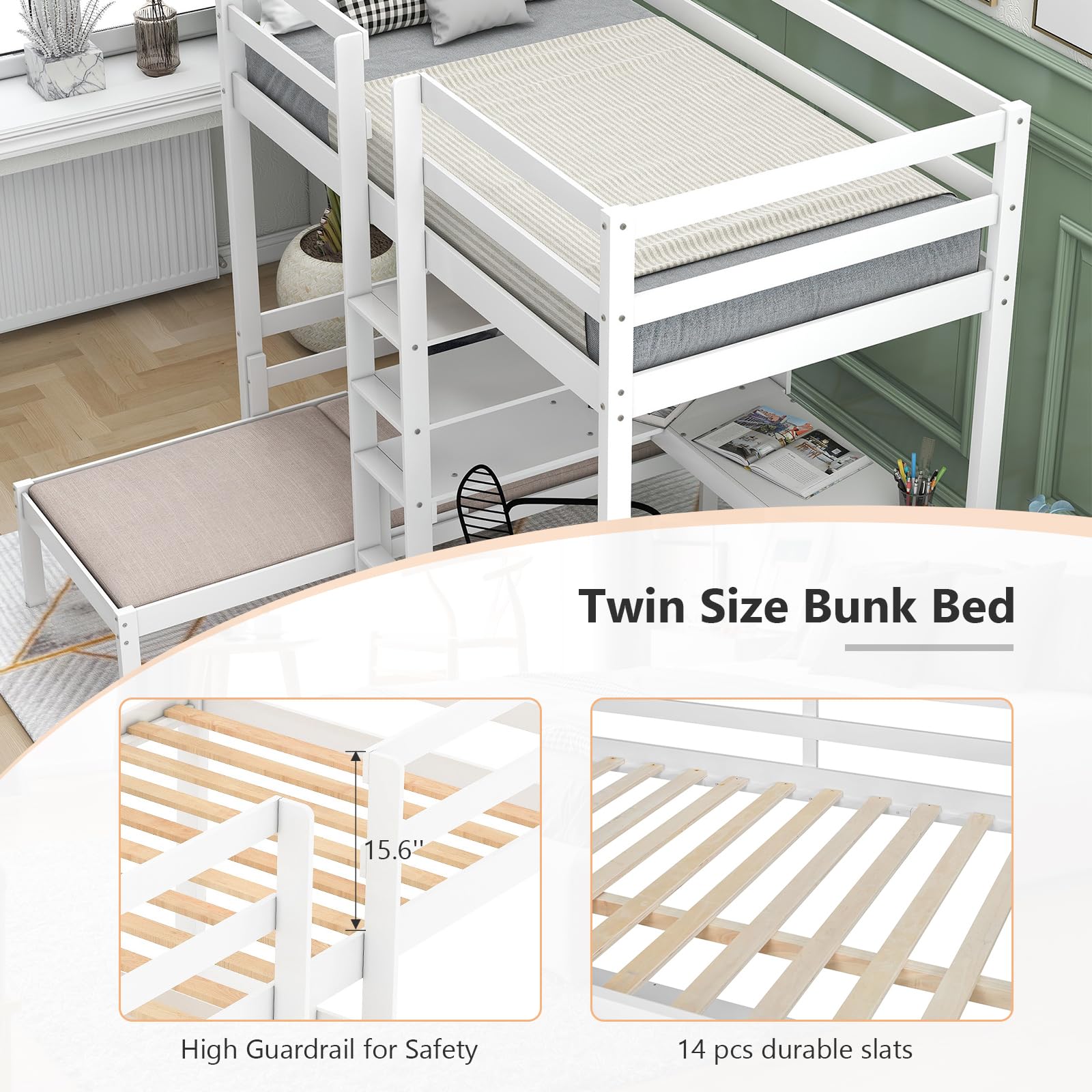 Hommoo Wooden Loft Bed with Desk and Storage Shelves Multifunctional Loft Bed Space-Saving Bed Frame Convertible Twin Over Twin Bunk Bed for Kids Adults