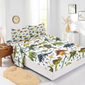 bailipromise dinosaur 4 piece kids sheets queen size,jurassic dinosaur bedding sheet set,boys printed flat sheet fitted sheet with 16" deep pocket,100% microfiber ultra soft and skin friendly