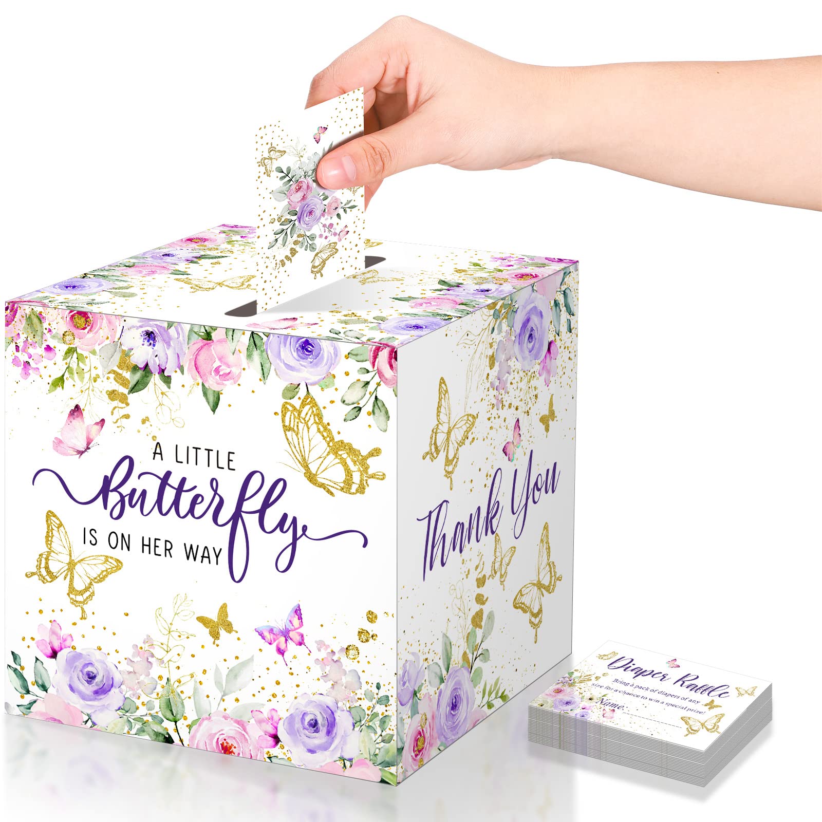 51 Pcs Butterfly Diaper Raffle Tickets with Diaper Raffle Card Box for Baby Shower Games A Little Butterfly is on Her Way Cards Boys Girls Gender Reveal Party Invitation Insert Card Game