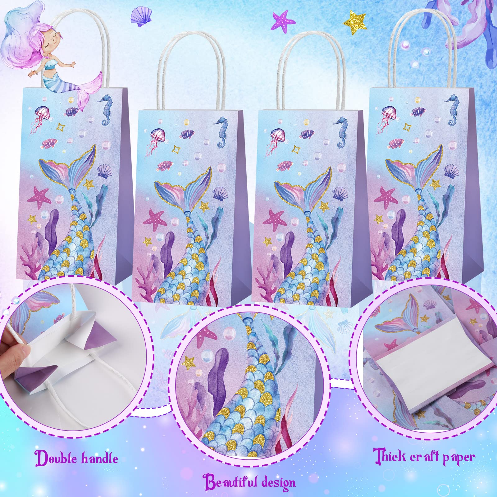 Fumete 20 Pcs Mermaid Bags Mermaid Party Bags Mermaid Goodie Bags with Handles Candy Bags Mermaid Theme Party Bags Party Favor Treat Bags for Girls Birthday Party Baby Shower(Mermaid)