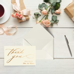 Better Office Products 50 Pack Wedding Thank You Cards in Metallic Gold with Envelopes, Thank You From The New Mr and Mrs, 4 x 6 Inch, Blank Cards, 50 Count Boxed Set