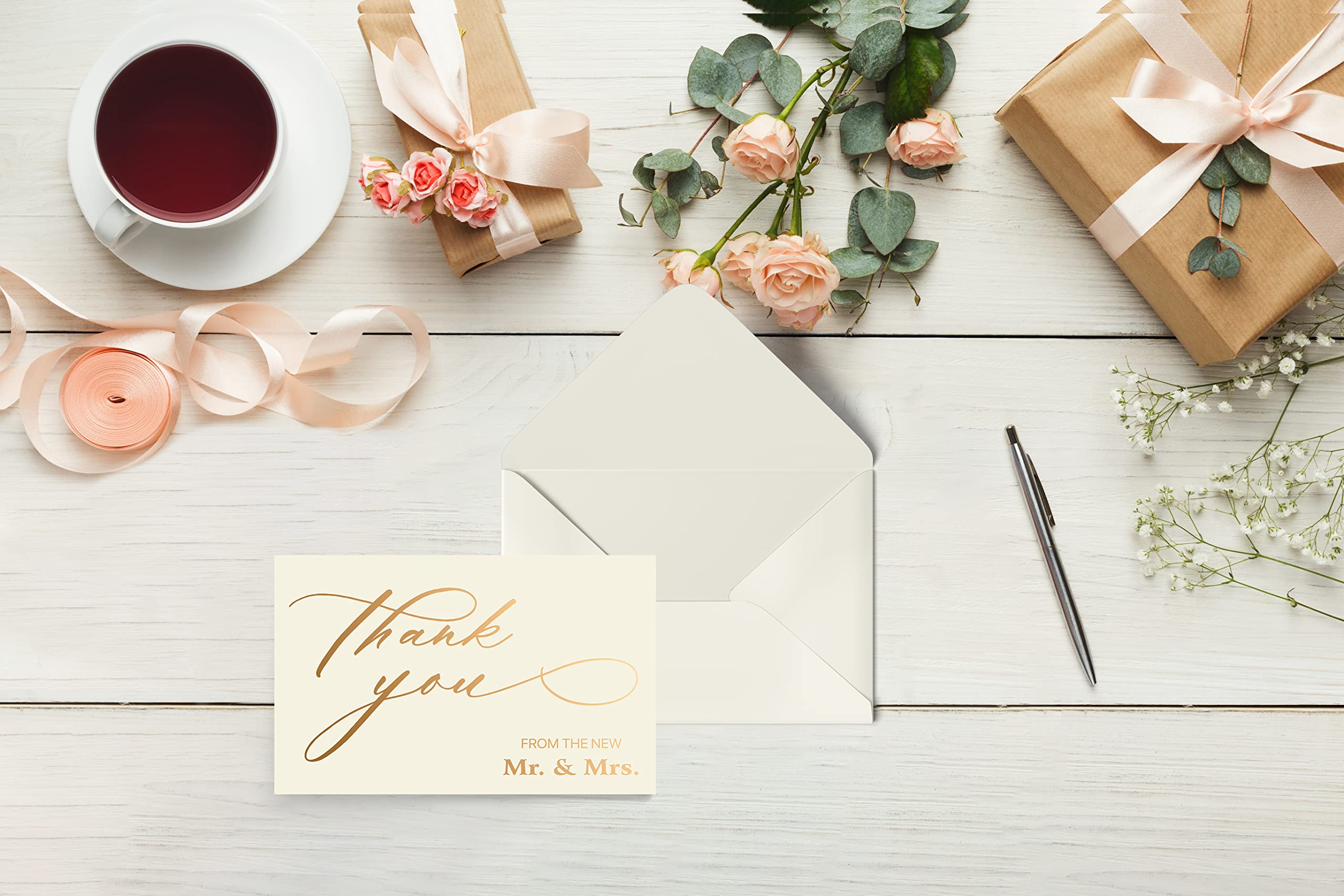 Better Office Products 50 Pack Wedding Thank You Cards in Metallic Gold with Envelopes, Thank You From The New Mr and Mrs, 4 x 6 Inch, Blank Cards, 50 Count Boxed Set