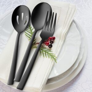 E-far Matte Black Serving Utensils Set of 6, Stainless Steel 8.7 Inch Hostess Serving Set with Square Edge, Metal Serving Slotted Spoons Forks for Party Buffet Catering