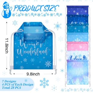 CHENGU Frozen Party Favors Bags for Winter Snowflake Kids Birthday Favor Drawstring Goodies Bags Winter Wonderland Gift Candy Bag for Boys Girls Winter Themed Baby Shower Party Supplies (28 Pack)