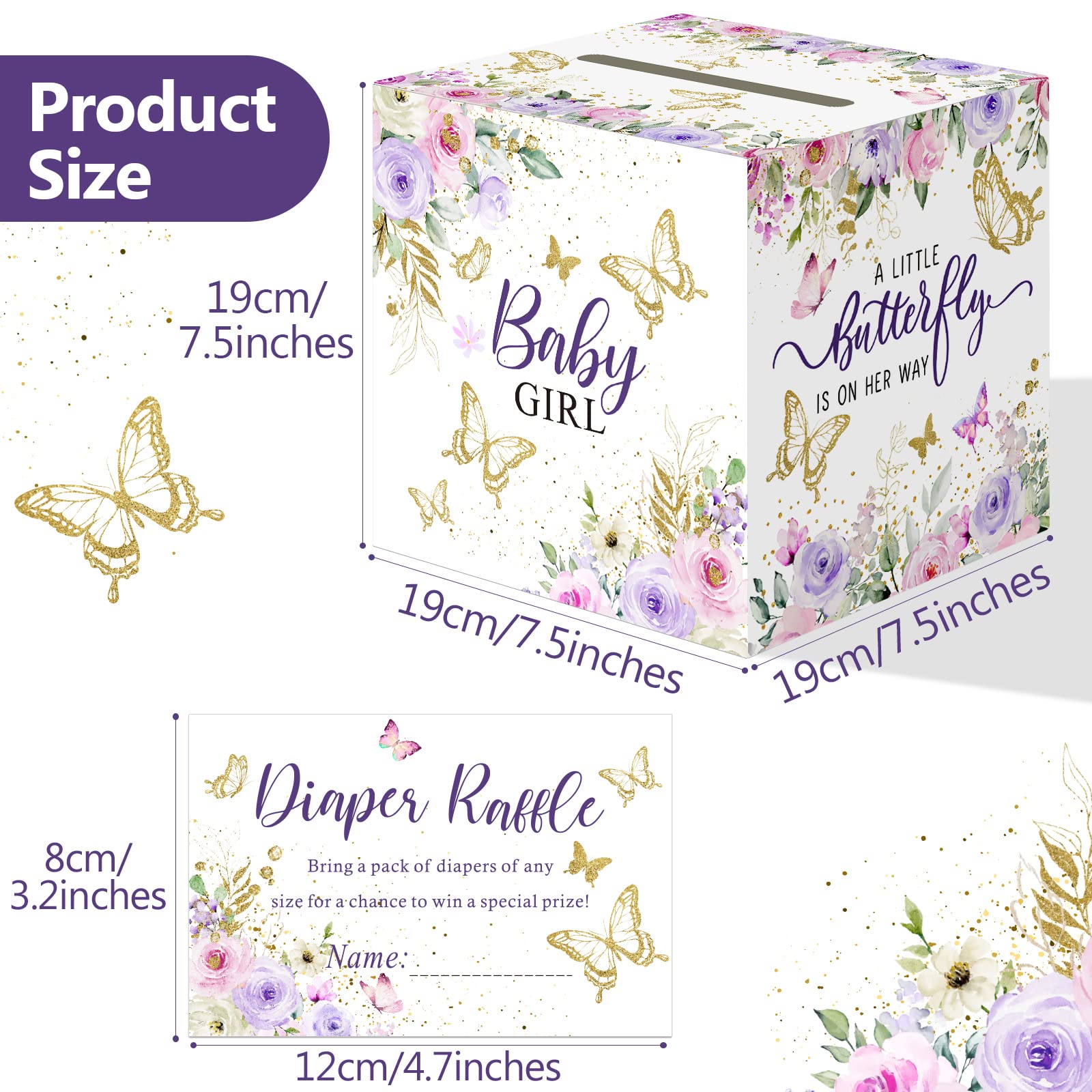 51 Pcs Butterfly Diaper Raffle Tickets with Diaper Raffle Card Box for Baby Shower Games A Little Butterfly is on Her Way Cards Boys Girls Gender Reveal Party Invitation Insert Card Game