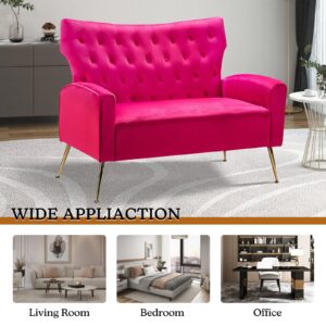 HULALA HOME Velvet Loveseat Sofa with Wingback & Gold Legs, Modern Button-Tufted 2-Seater Sofa for Living Room Bedroom, Comfy Upholstered Small Love Seat Couch, Fushia