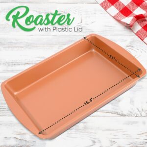 NutriChef Non-Stick Baking Pan w/Lid - Heavy Duty Carbon Steel Bake Tray for Roasting & Baking - Premium Multi-Layer Nonstick Coating, PTFE, PFOS, PFOA Free - 15" x 11", Copper