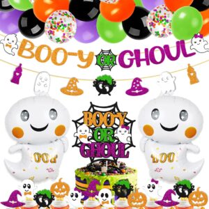 Halloween Gender Reveal Decorations Boo-y or Ghoul Banner Cake Cupcake Topper Ghost Balloon Pumpkin Witch Hat Theme for Kids Boy Girl Halloween Baby Shower Party Supplies