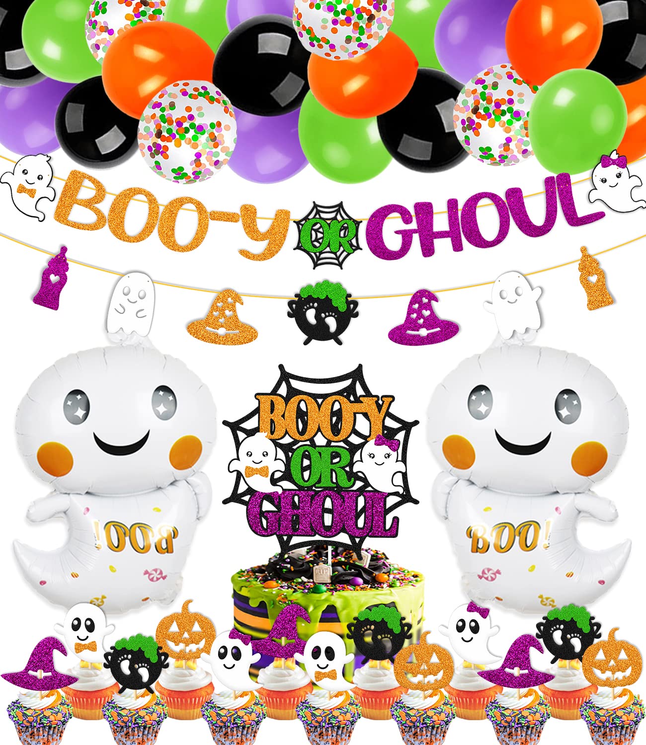 Halloween Gender Reveal Decorations Boo-y or Ghoul Banner Cake Cupcake Topper Ghost Balloon Pumpkin Witch Hat Theme for Kids Boy Girl Halloween Baby Shower Party Supplies