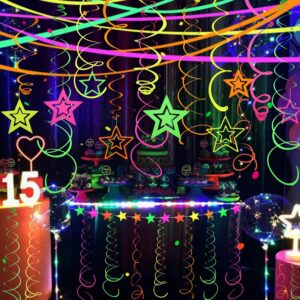 54 Pieces UV Hanging Swirl Paper Neon Star Garlands Neon Streamers Glow Party Supplies and Decorations Black Light Neon Decorations for Dark Glow Party UV Reactive Wedding Birthday Neon Party Favors