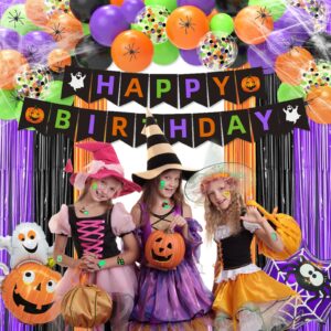 Halloween Birthday Party Decorations Supplies Include Halloween Birthday Banner Fringe Curtain Tablecloth Spider Web Cake Topper Tattoo Stikers for Halloween Themed Birthday Party Decorations