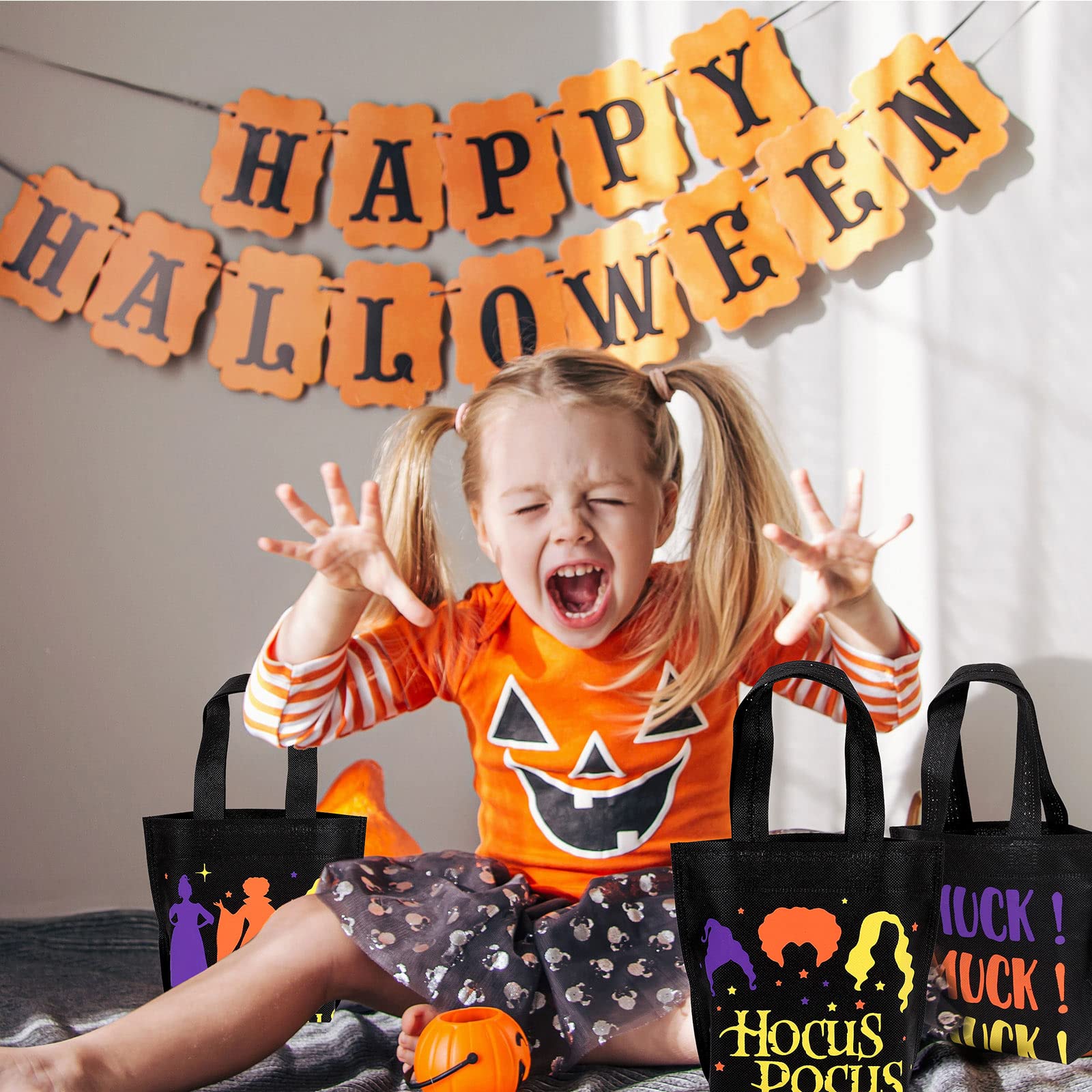 Whaline 24 Pack Halloween Non-Woven Bags Reusable Hocus Pocus Witch Theme Tote Gift Bag Trick or Treat Party Favor Bag Candy Goodie Bag with Handle for Kids Teens Birthday Supplies, 4 Design