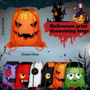 Shihanee 18 Pcs Halloween Drawstring Bags Set Halloween Drawstring Backpack Party Supplies Halloween Polyester String Sack Bags Bulk for Kids Party Favors Gift Wrap Bags, 6 Styles