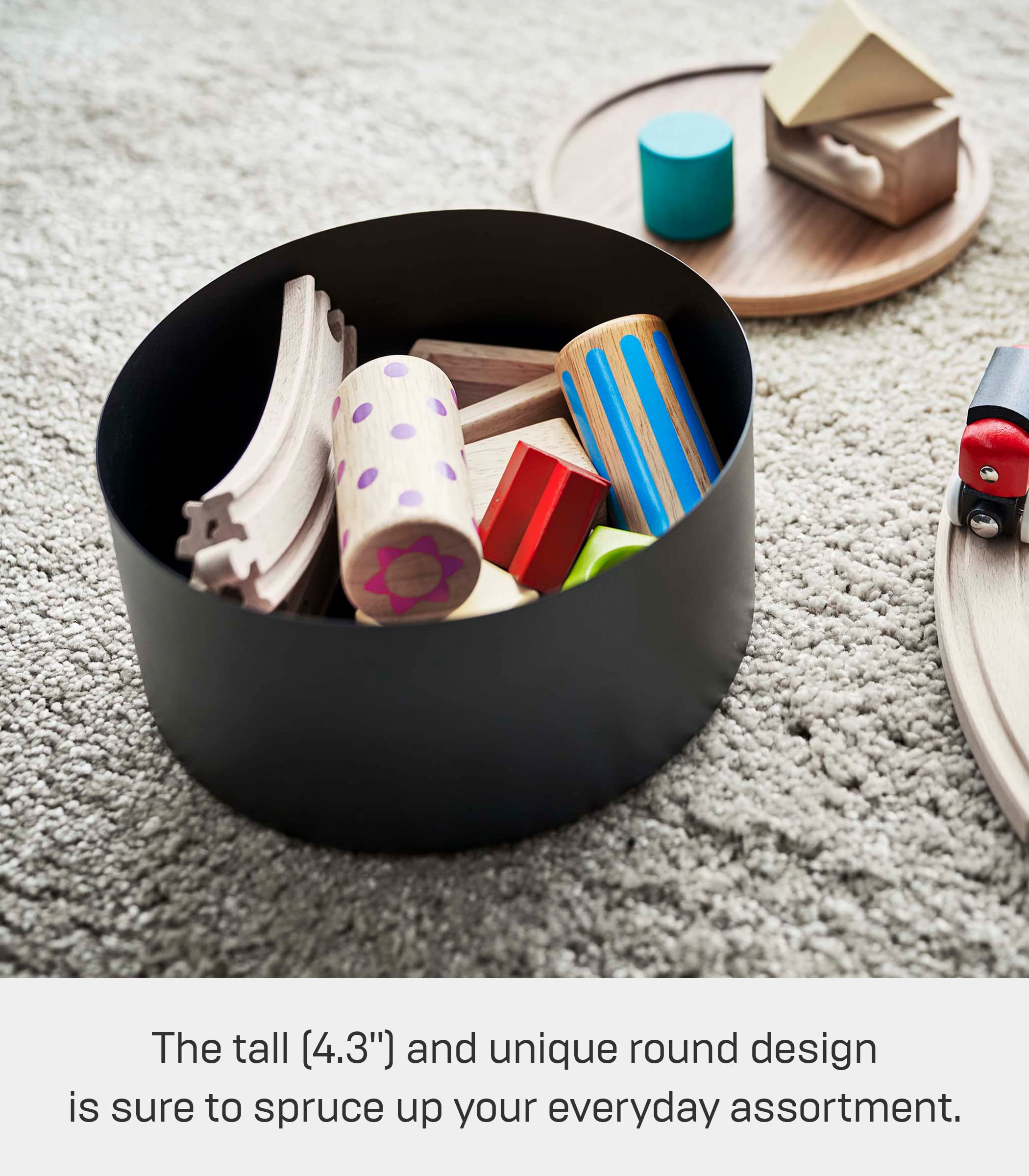 Yamazaki Home Rin Round Storage Case, Snacks, Toy, Or Craft Supplies Holder, Sewing Box Organizer, Wooden Lid Tray - Tall - Steel + Wood