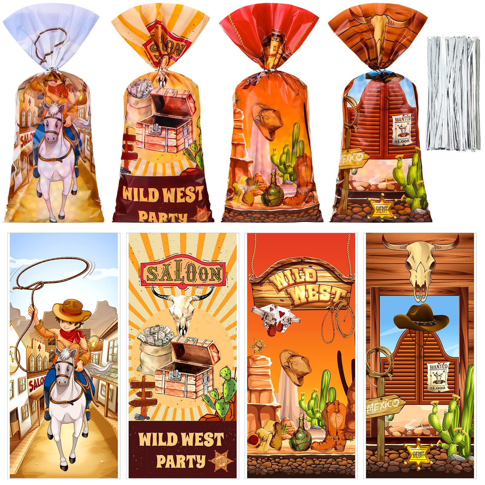 100 PCS Western Cowboy Cellophane Bags Cowboy Party Decorations Wild West Cowboy Gift Treat Bag Goodie Candy Bags with Ties Wild West Cowboy Birthday Party Supplies Favors