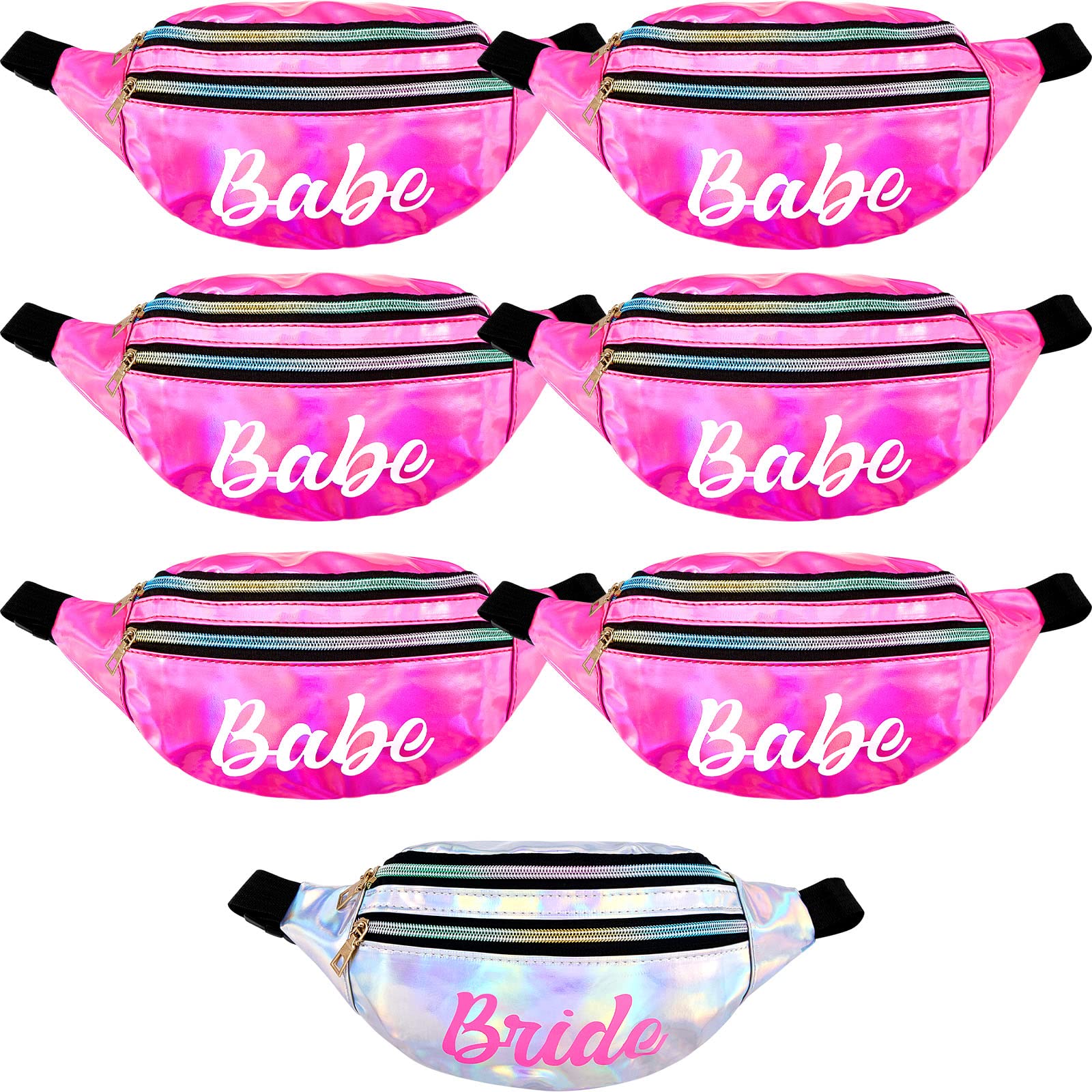 7 Pcs Bride Fanny Pack Bachelorette Bridesmaid Pack Holographic Belt Laser Waist Bag with Adjustable Belt for Women Wedding Bridal Shower Party Favors