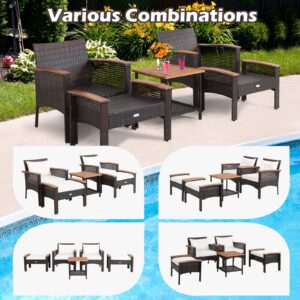 Tangkula 5 Pieces Wicker Patio Furniture Set, Patiojoy Outdoor Acacia Wood Cushioned Conversations Set with Ottomans and Storage Table, for Porch, Garden,Deck and Poolside (Off White)