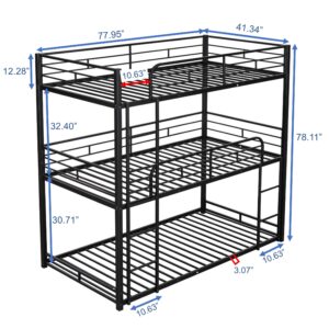 DNYN Twin Triple Bunk Bed with Built-in Ladder,Twin-Over-Twin-Over-Twin Size Metal Bunkbeds w/Safety Guardrails for Kids/Teen/Adults Bedroom,Home Furniture for Dorm,Guest Room, Black