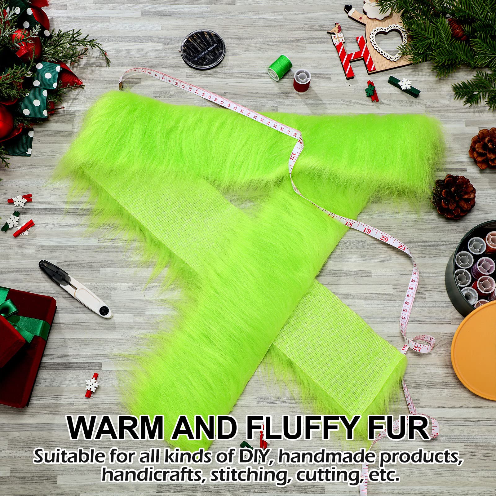 360 Inches Shaggy Plush Fake Fur Fabric Green Precut Faux Fur Strips Craft Fluffy Fuzzy Rolls of Fur 2" x 59" 4" x 59" DIY Faux Fur Ribbon for Gnomes Beard Hair Cosplay Costume Dwarf Decoration