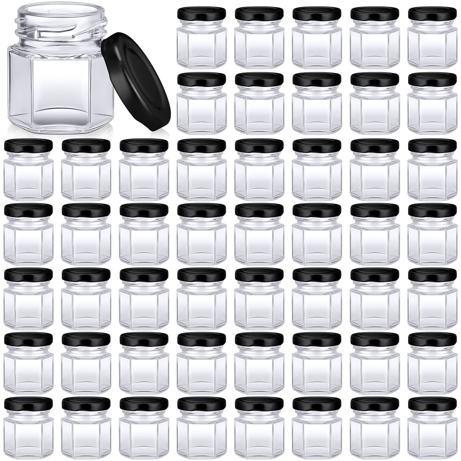 Nuogo 100 Pack 1.5oz Mini Hexagon Glass Jars Bulk for Wedding Small Honey Jars with Lids Spice Jars Canning Jars Mason Jars for Gifts Candy Honey Wedding Party Favors DIY Crafts(Black)