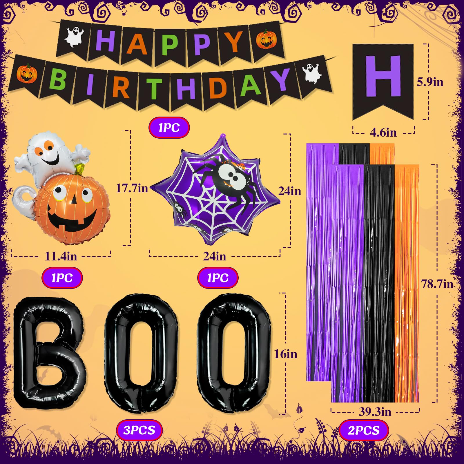 Halloween Birthday Party Decorations Supplies Include Halloween Birthday Banner Fringe Curtain Tablecloth Spider Web Cake Topper Tattoo Stikers for Halloween Themed Birthday Party Decorations