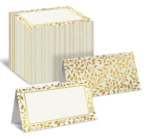 better office products 100 pack place cards, 2 x 3.5 in, white with metallic gold leaf foil border, folded table tent cards for weddings, dinner parties, buffet banquets,(100 count)