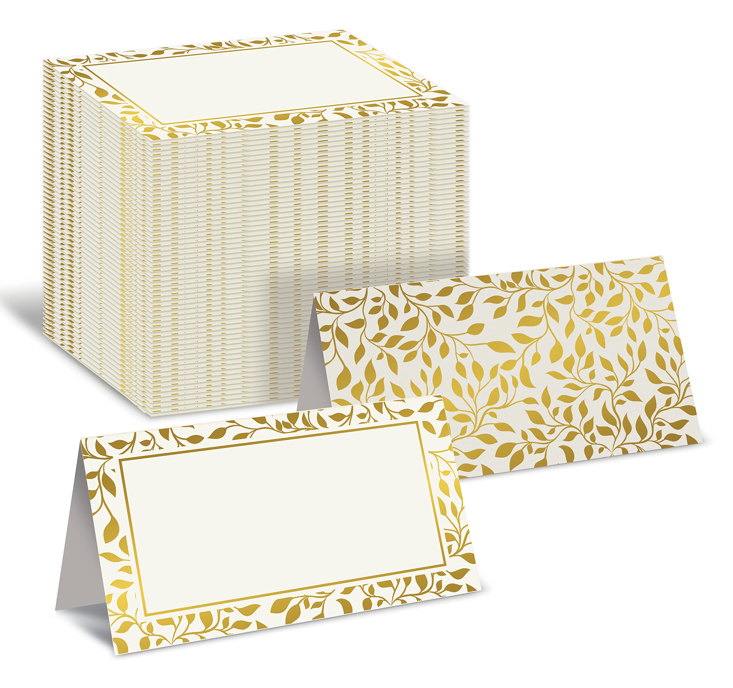 Better Office Products 100 Pack Place Cards, 2 x 3.5 in, White with Metallic Gold Leaf Foil Border, Folded Table Tent Cards for Weddings, Dinner Parties, Buffet Banquets,(100 Count)