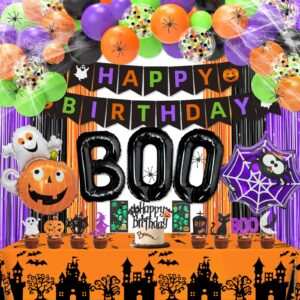 halloween birthday party decorations supplies include halloween birthday banner fringe curtain tablecloth spider web cake topper tattoo stikers for halloween themed birthday party decorations