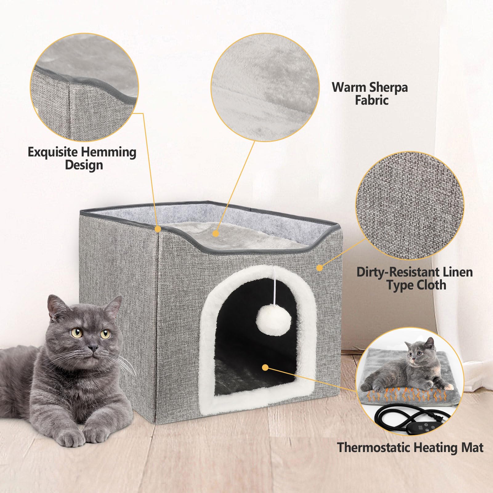 Heated Cat Bed for Indoor Cats, Foldable Cat House with Removable Heating Pad for Cats Small Dog Covered Cat Bed Cave Kitty Hideaway with with Scratch Pad, All Season Use