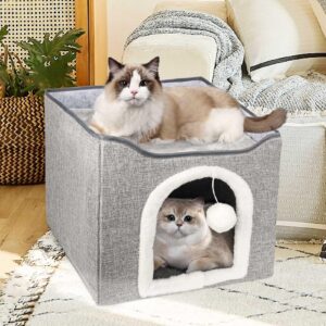 Heated Cat Bed for Indoor Cats, Foldable Cat House with Removable Heating Pad for Cats Small Dog Covered Cat Bed Cave Kitty Hideaway with with Scratch Pad, All Season Use