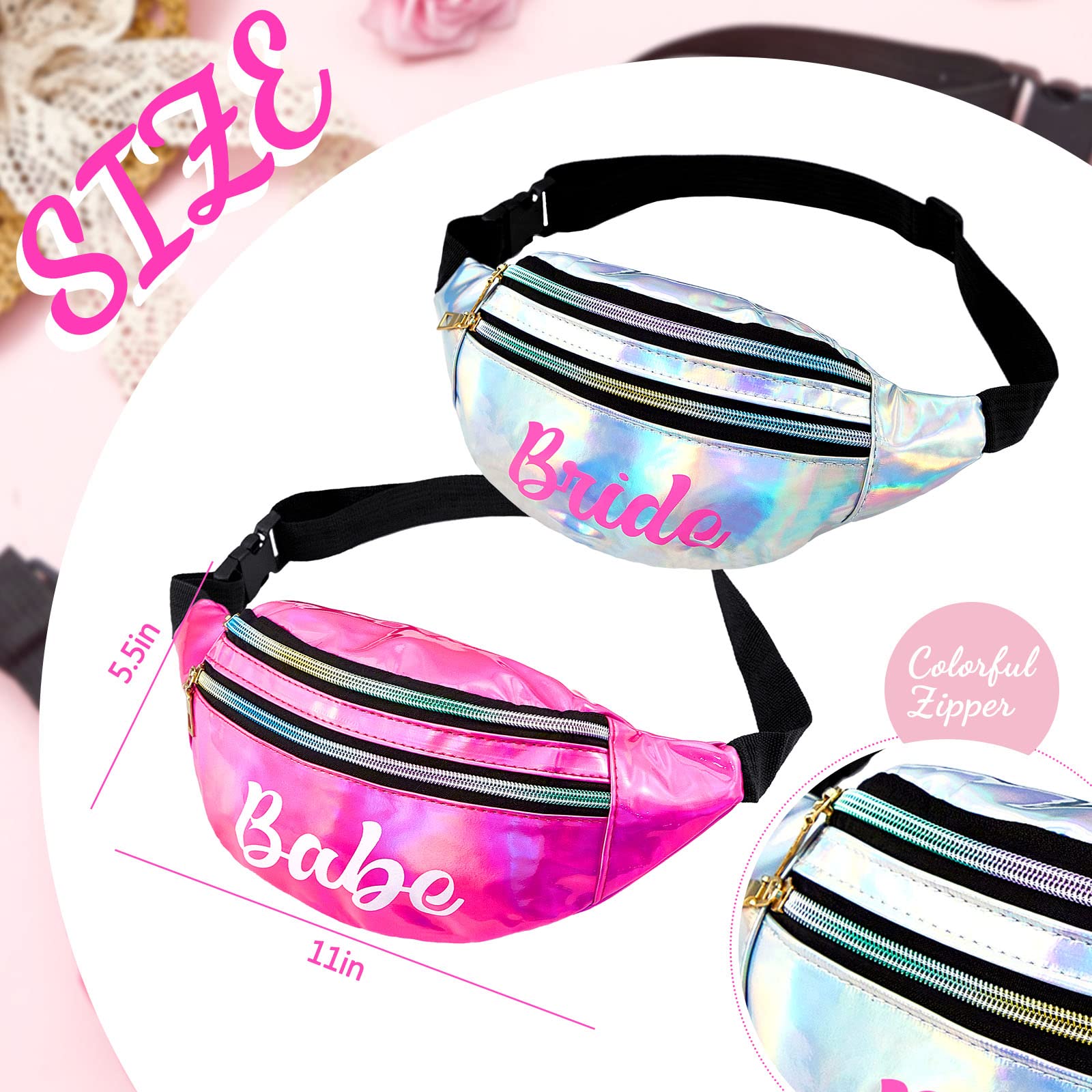 7 Pcs Bride Fanny Pack Bachelorette Bridesmaid Pack Holographic Belt Laser Waist Bag with Adjustable Belt for Women Wedding Bridal Shower Party Favors