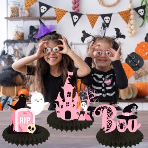 Halloween Party Honeycomb Centerpieces 12Pcs Happy Halloween Party Decorations for Girls Pink and Black Halloween Theme Centerpieces for Ghost Pumpkin Bat Witch Theme Party Baby Shower Supplies