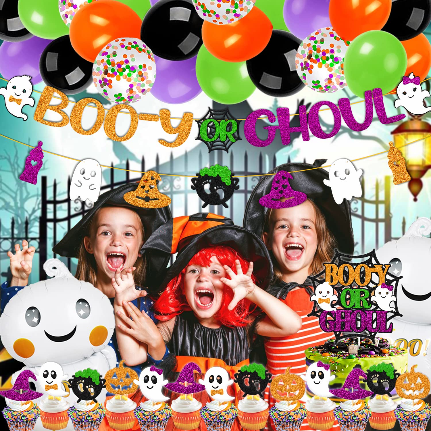 Halloween Gender Reveal Decorations Boo-y or Ghoul Banner Cake Cupcake Topper Ghost Balloon Pumpkin Witch Hat Theme for Kids Boy Girl Halloween Baby Shower Party Supplies