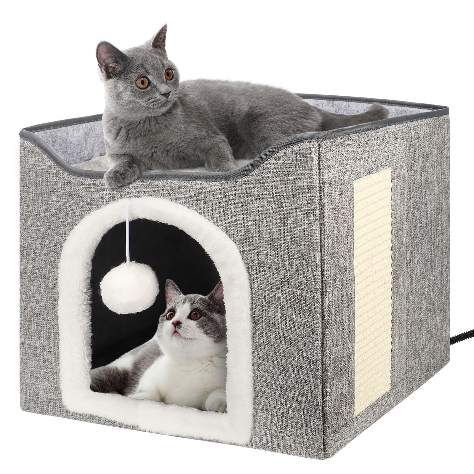 Heated Cat Bed for Indoor Cats, Foldable Cat House with Removable Heating Pad for Cats Small Dog Covered Cat Bed Cave Kitty Hideaway with with Scratch Pad, All Season Use