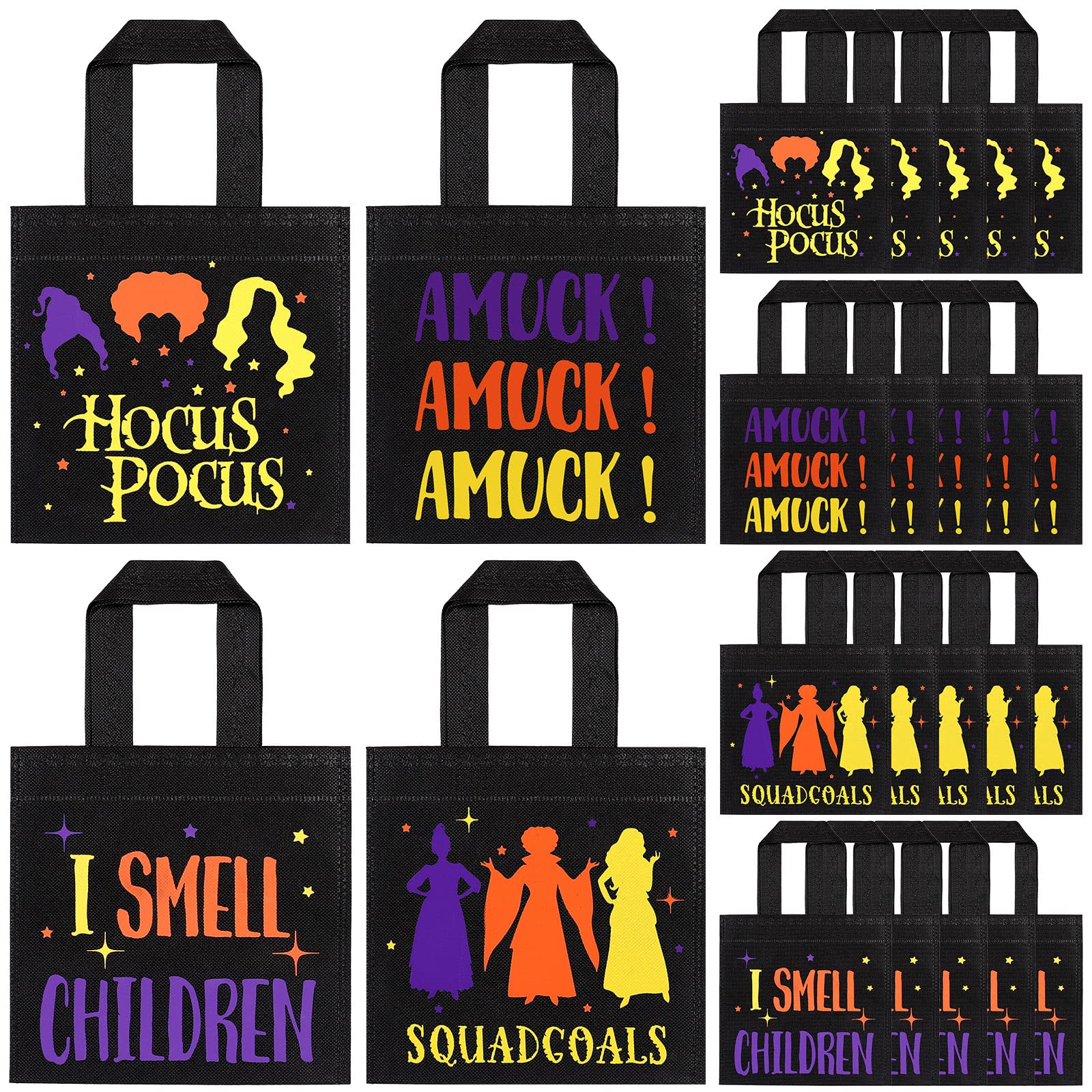 Whaline 24 Pack Halloween Non-Woven Bags Reusable Hocus Pocus Witch Theme Tote Gift Bag Trick or Treat Party Favor Bag Candy Goodie Bag with Handle for Kids Teens Birthday Supplies, 4 Design