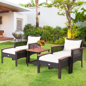 Tangkula 5 Pieces Wicker Patio Furniture Set, Patiojoy Outdoor Acacia Wood Cushioned Conversations Set with Ottomans and Storage Table, for Porch, Garden,Deck and Poolside (Off White)