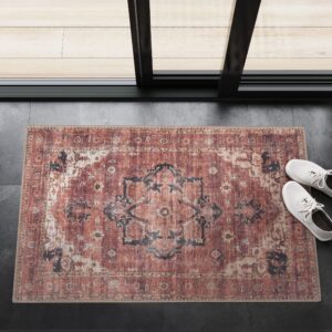 adiva rugs machine washable 2x3 area rug with non slip backing for living room, bedroom, bathroom, kitchen, printed vintage home decor, floor decoration carpet mat (terra, 2' x 3')