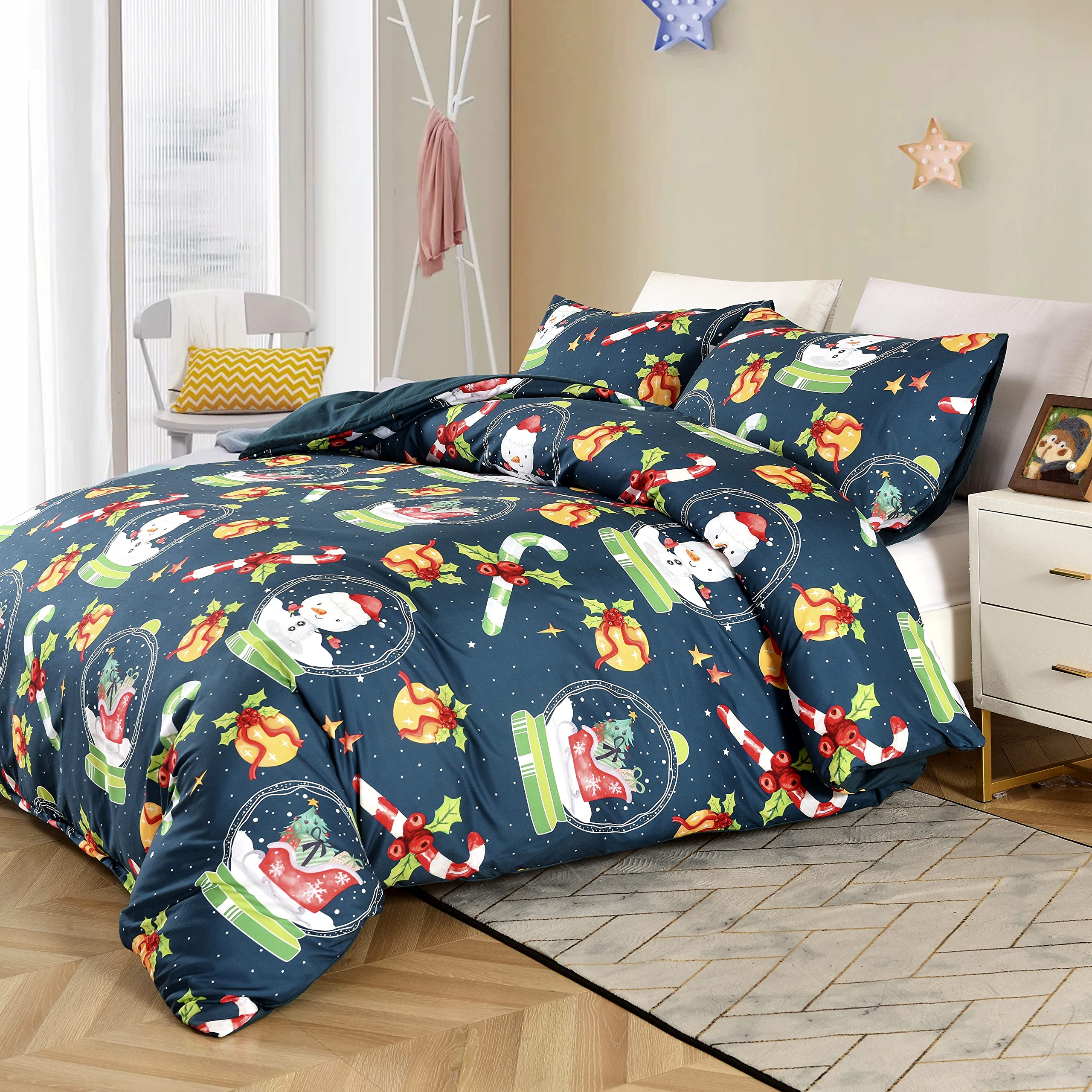 Caurbed Christmas Bedding Christmas Duvet Cover mit 2 Pillowcases Snowman Santa Claus Print Duvet Cover Microfiber Christmas Decoration (Queen, 03)