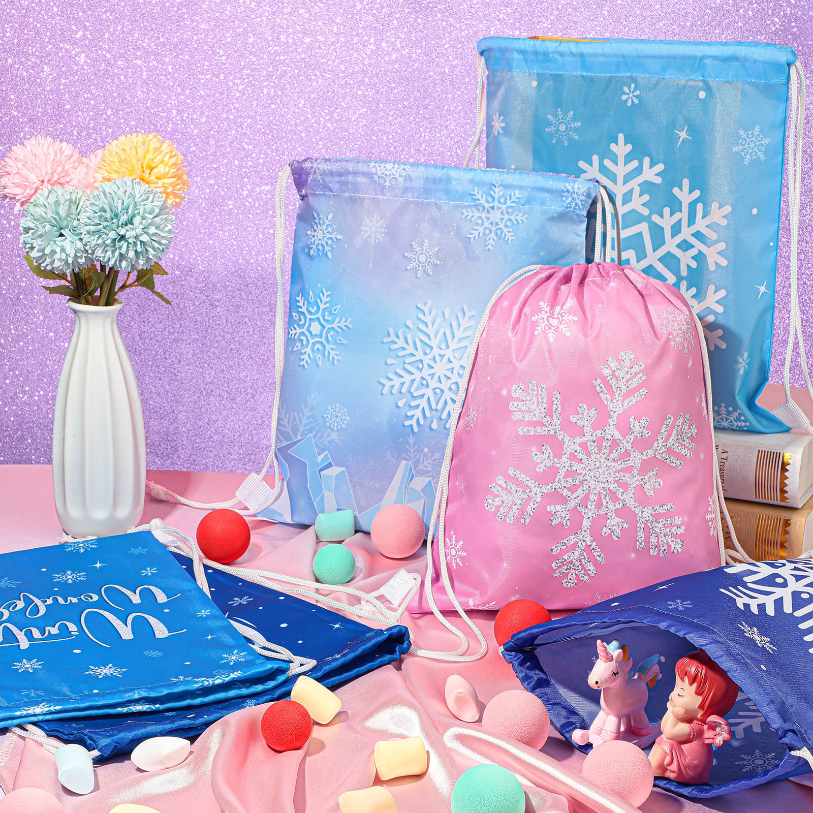 CHENGU Frozen Party Favors Bags for Winter Snowflake Kids Birthday Favor Drawstring Goodies Bags Winter Wonderland Gift Candy Bag for Boys Girls Winter Themed Baby Shower Party Supplies (28 Pack)