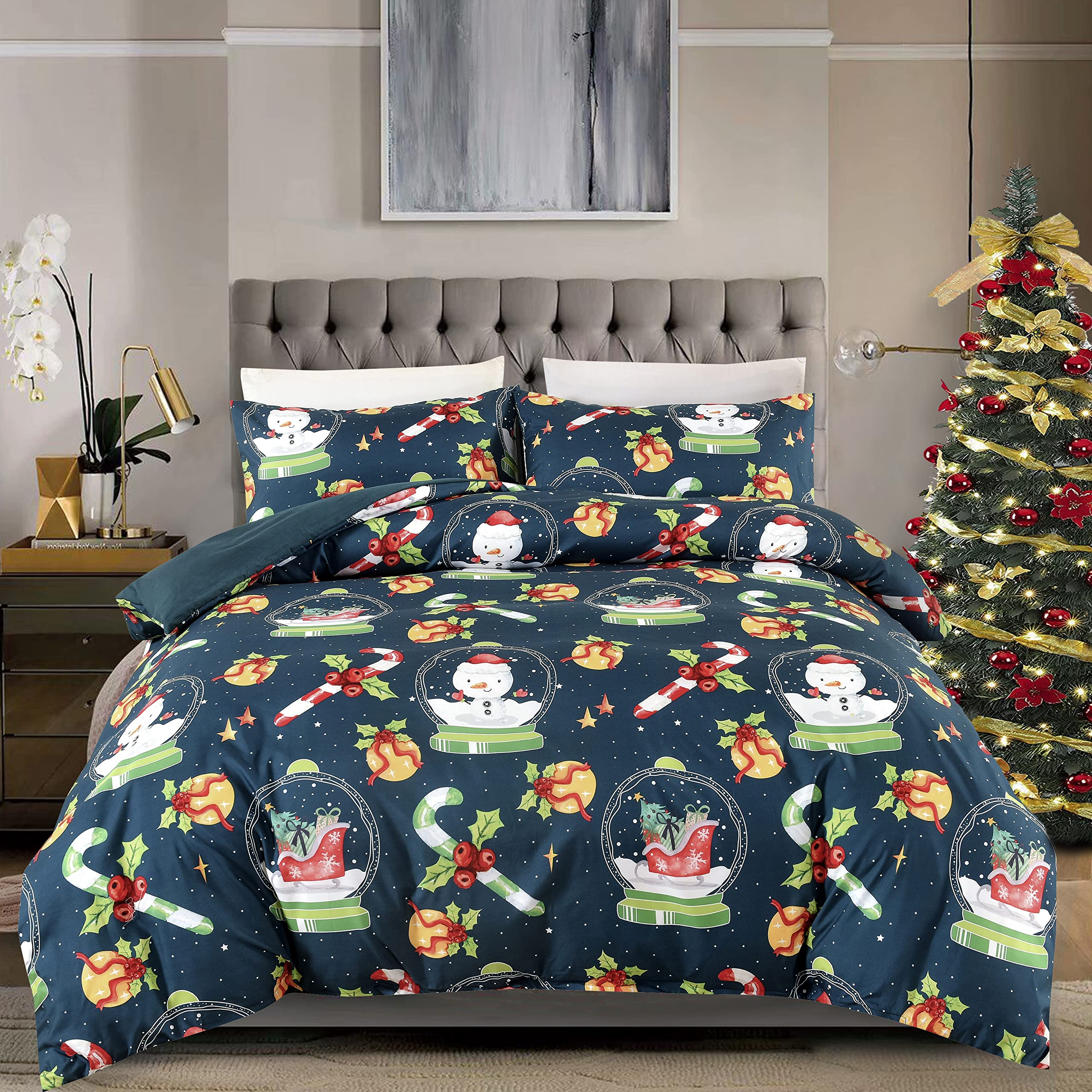 Caurbed Christmas Bedding Christmas Duvet Cover mit 2 Pillowcases Snowman Santa Claus Print Duvet Cover Microfiber Christmas Decoration (Queen, 03)