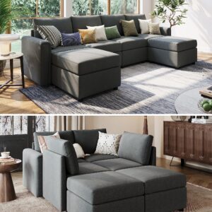 LINSY HOME Modular Sectional Sofa, Convertible U Shaped Sofa Couch with Storage, Memory Foam, Modular Sectionals with Ottomans, 6 Seat Sofa Couch with Chaise for Living Room, Dark Grey