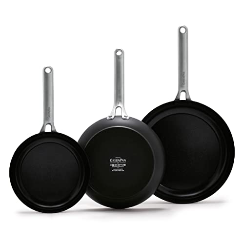 GreenPan Omega Hard Anodized Advanced Healthy Ceramic Nonstick, 8" 9.5" and 11" 3 Piece Frying Pan Skillet Set, Anti-Warping Induction Base, Dishwasher Safe, Oven & Broiler Safe, Black