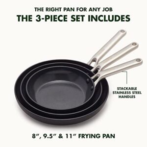 GreenPan Omega Hard Anodized Advanced Healthy Ceramic Nonstick, 8" 9.5" and 11" 3 Piece Frying Pan Skillet Set, Anti-Warping Induction Base, Dishwasher Safe, Oven & Broiler Safe, Black