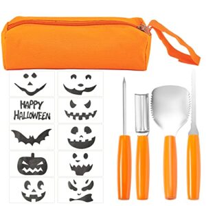 yuet 15pcs halloween pumpkin carving kit, professional sculpting tools carving set, heavy duty stainless steel, w/stickers and carrying bag, for adults or kids, halloween decorations jack-o-lanterns