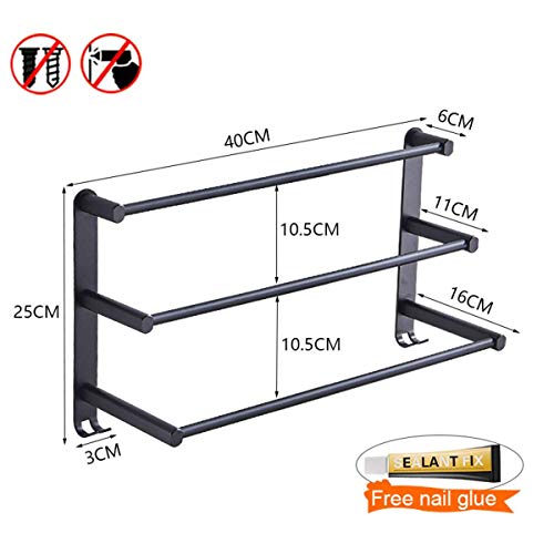 KUYT Towel Rail 3-Tier Bath Towel Rack with Hooks 40Cm Space Aluminum Wall Mounted Towel Holder Towel Bar Rail for Kitchen Bathroom Toilet Hotel Office/40Cm